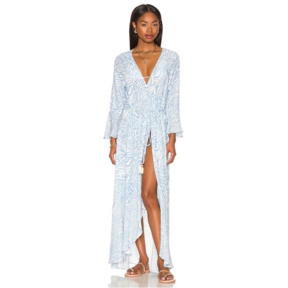 Maaji White Blue Animal Tiger Print Long Sleeve Maxi Kimono Dress Coverup - Picture 3 of 14
